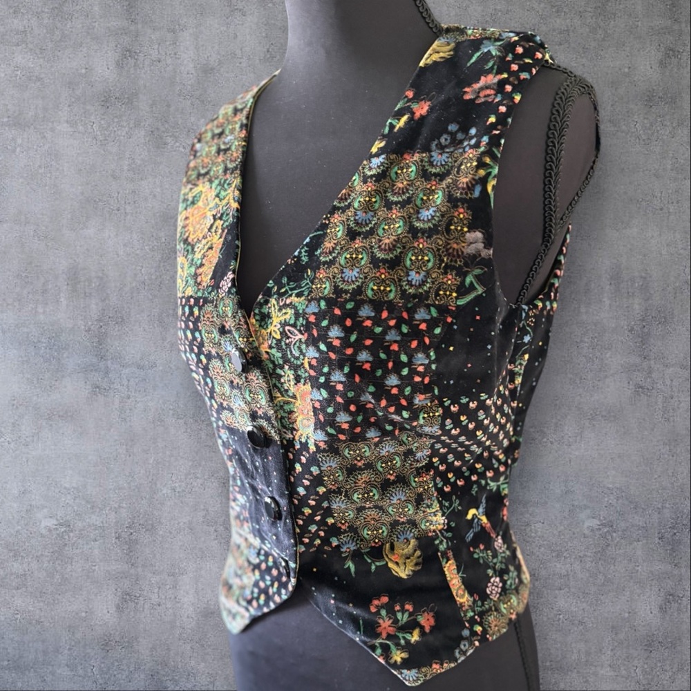 Vintage Velvet Waistcoat Vest Boho Fitted Multicolor Patchwork Black Size S